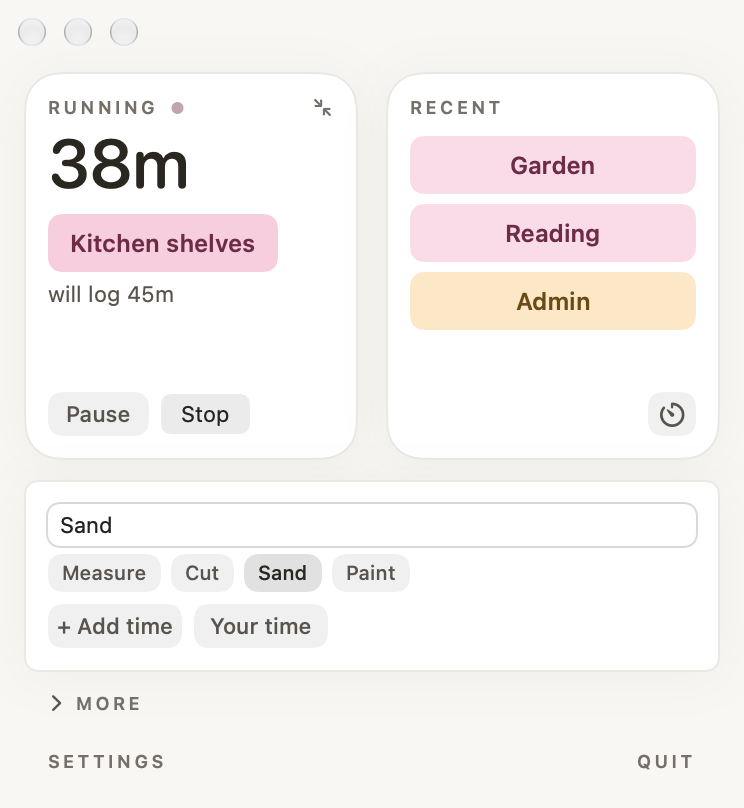 Steady's main window: a timer at 38 minutes on an effort called Kitchen shelves, a note field with its parts beneath, and recent efforts beside it